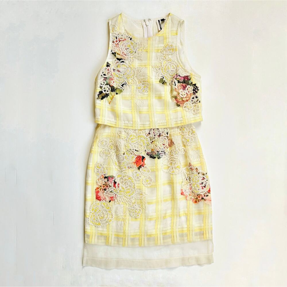Topshop Floral Beaded Yellow Crop Top Skirt Set Size 4